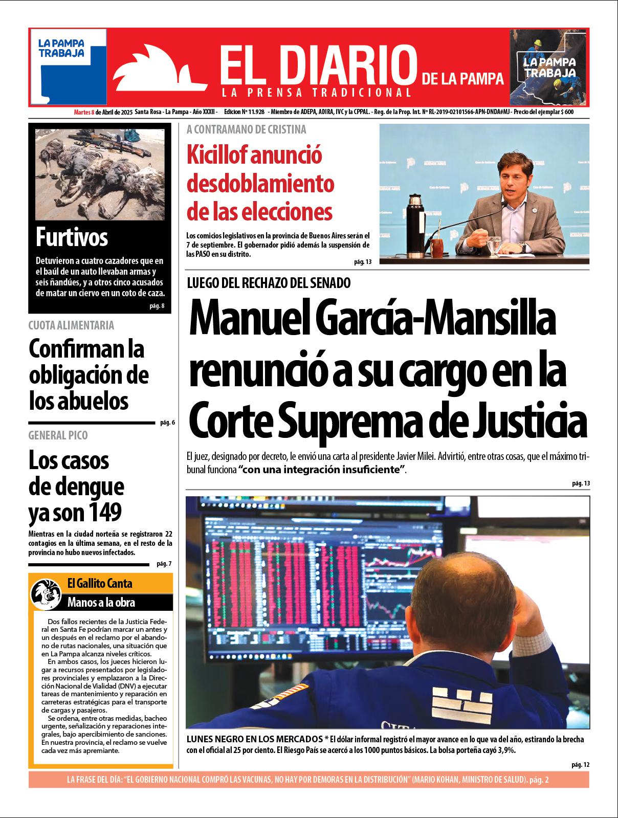 Tapa de El Diario en papel  martes 08 de abril de 2025
